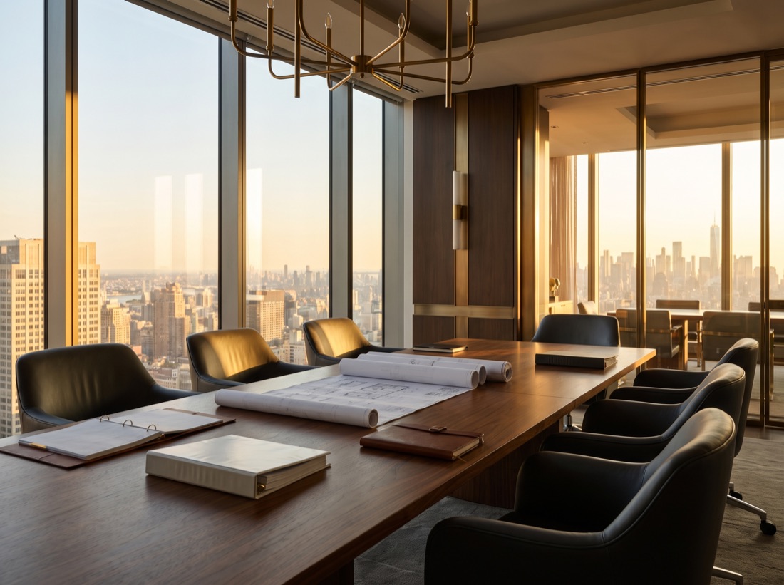Executive boardroom overlooking the city at golden hour