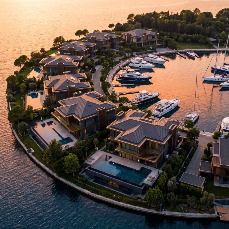 Aerial view of an exclusive waterfront estate